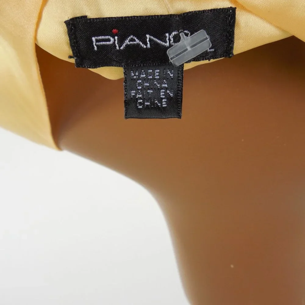 PIANO Top L Yellow Silky Blouse Ruffle Trim Draped Hem Pleats Sleeveless Shirt - Picture 8 of 9